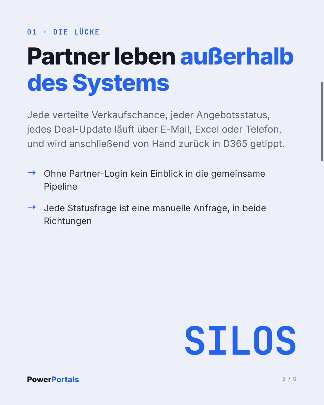 Partner leben außerhalb des Systems: jedes Update läuft über E-Mail oder Excel und wird von Hand zurück in D365 getippt.