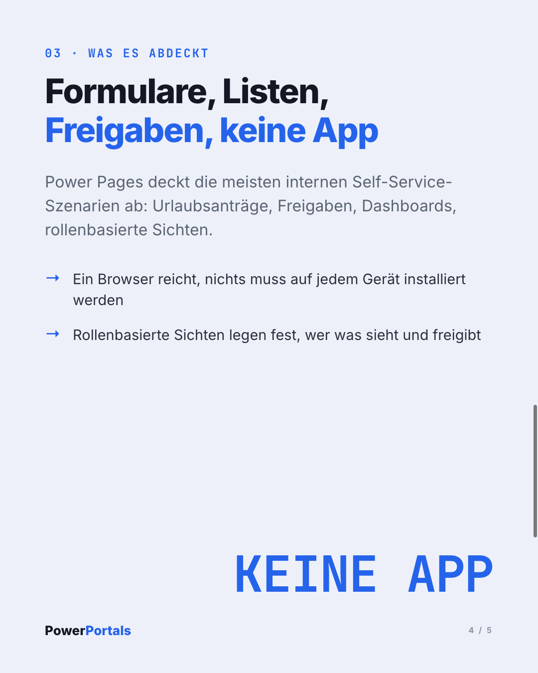 Formulare, Listen, Freigaben, keine App: was Power Pages intern abdeckt.