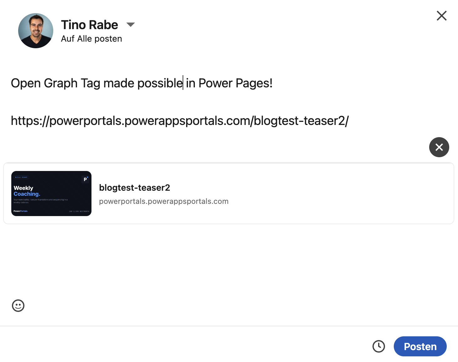 LinkedIn-Beitragseditor zeigt eine reichhaltige Link-Vorschaukarte mit Titel und Markenbild