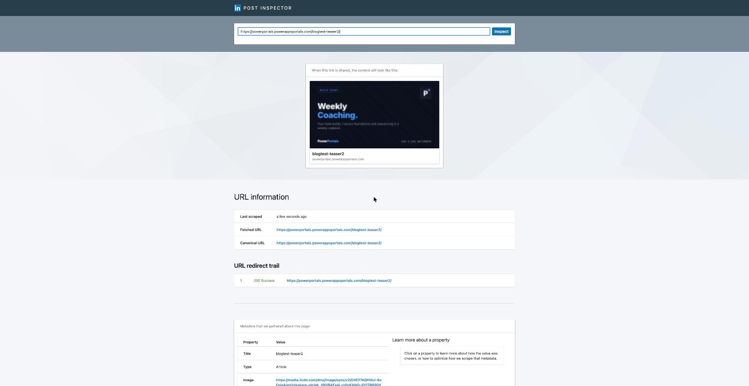 LinkedIn Post Inspector zeigt einen erfolgreichen 200-Success-Rescan mit korrekt gerenderter Karte, echtem Markenbild und Titel
