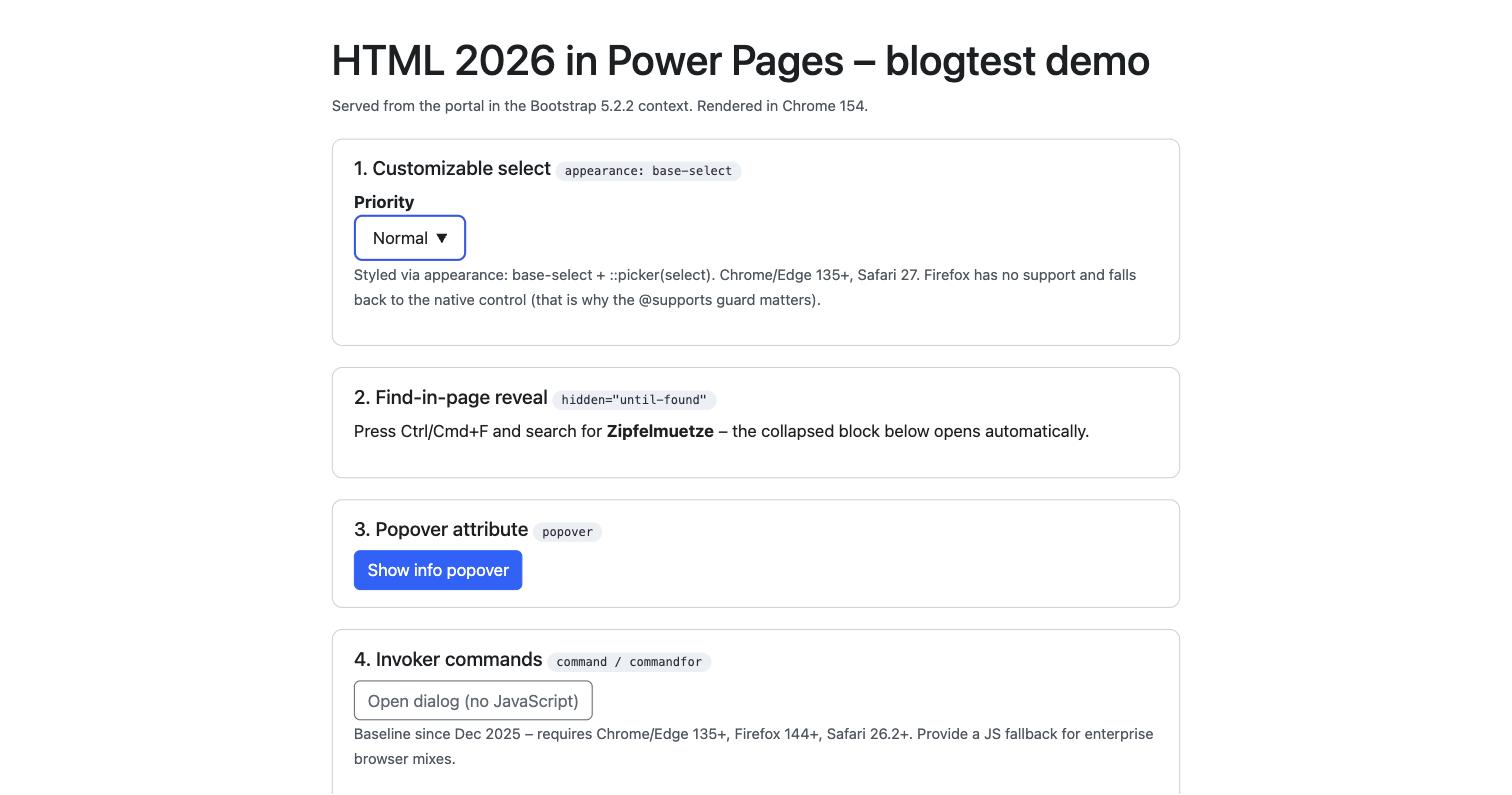 Demo page in a Power Pages portal with four HTML 2026 feature blocks: customizable select, find-in-page reveal, popover and invoker commands