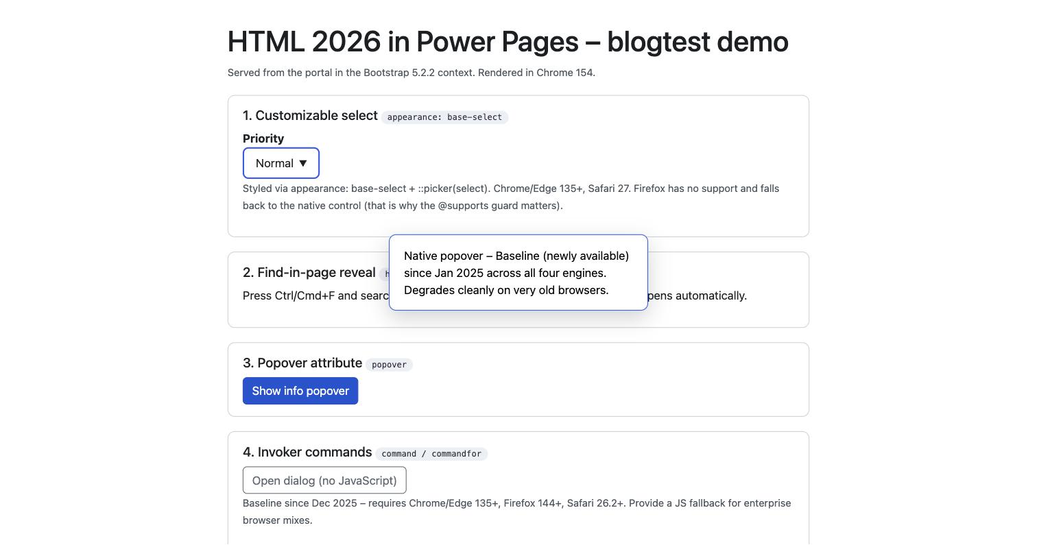 A native popover, open on a Power Pages page