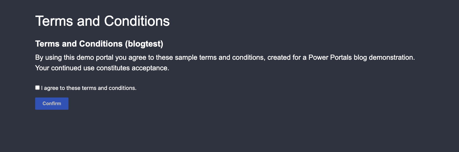 The Power Pages Terms and Conditions page with rendered text, an agreement checkbox and a Confirm button