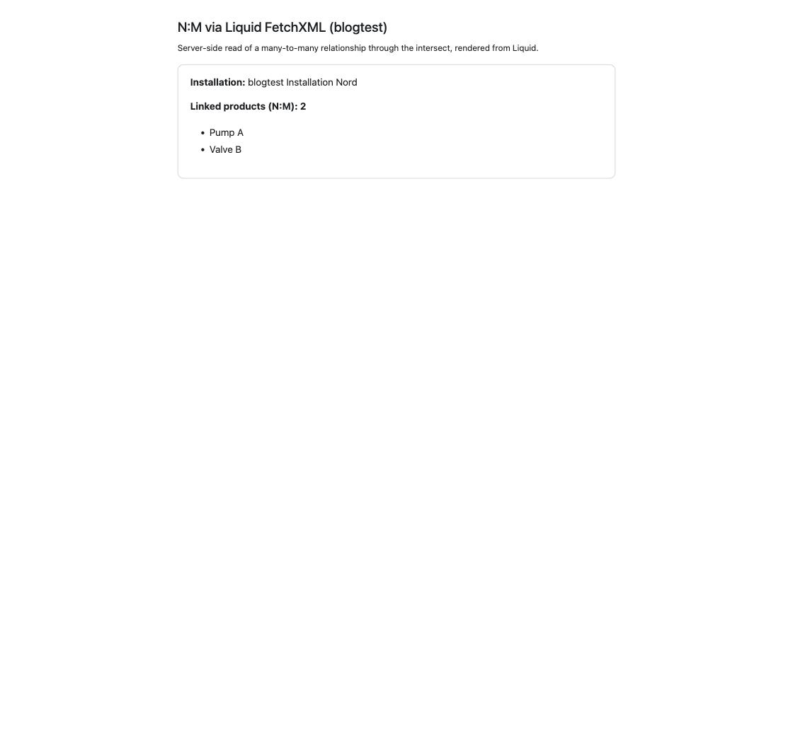The Liquid FetchXML page in the portal lists the products linked to an installation through the N:M relationship