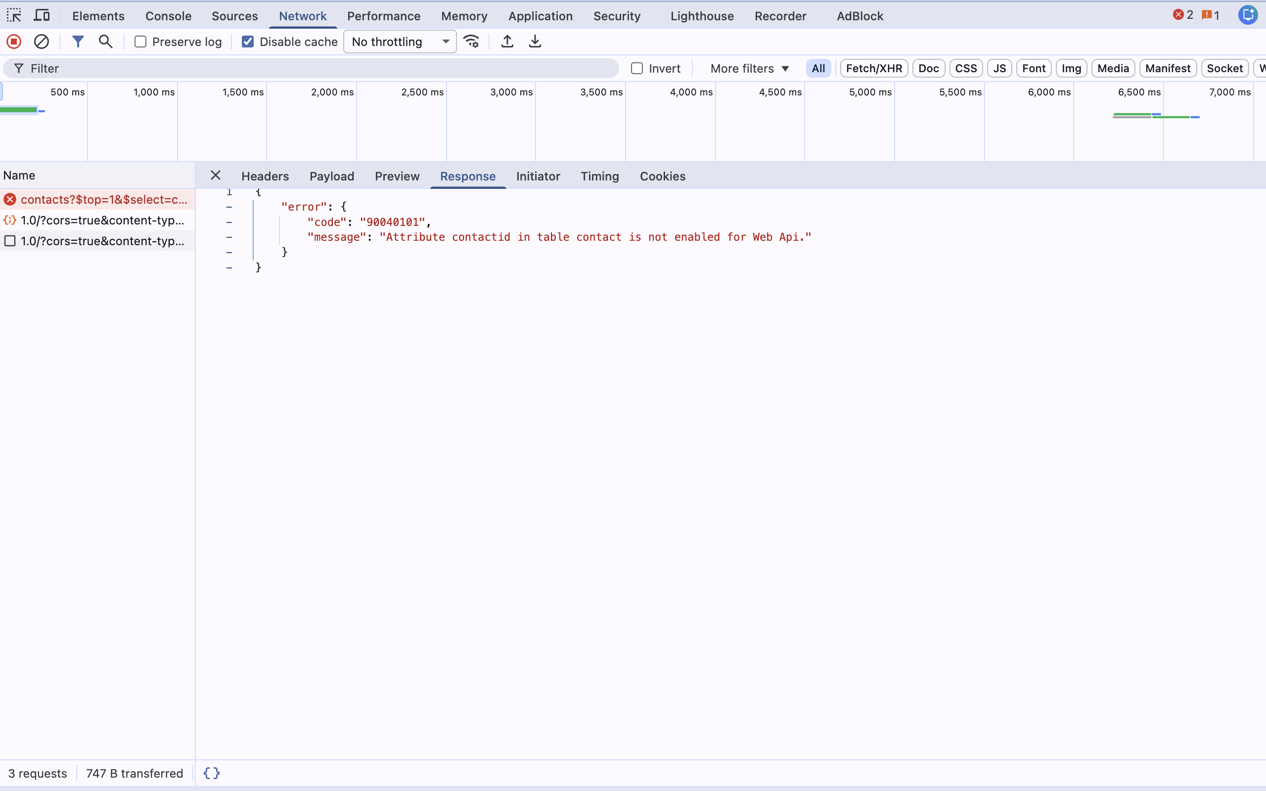 Fehlerantwort bei fehlendem fields-Setting im Chrome-Network-Tab: Statuscode 403 und Fehlerkörper mit Code 90040101