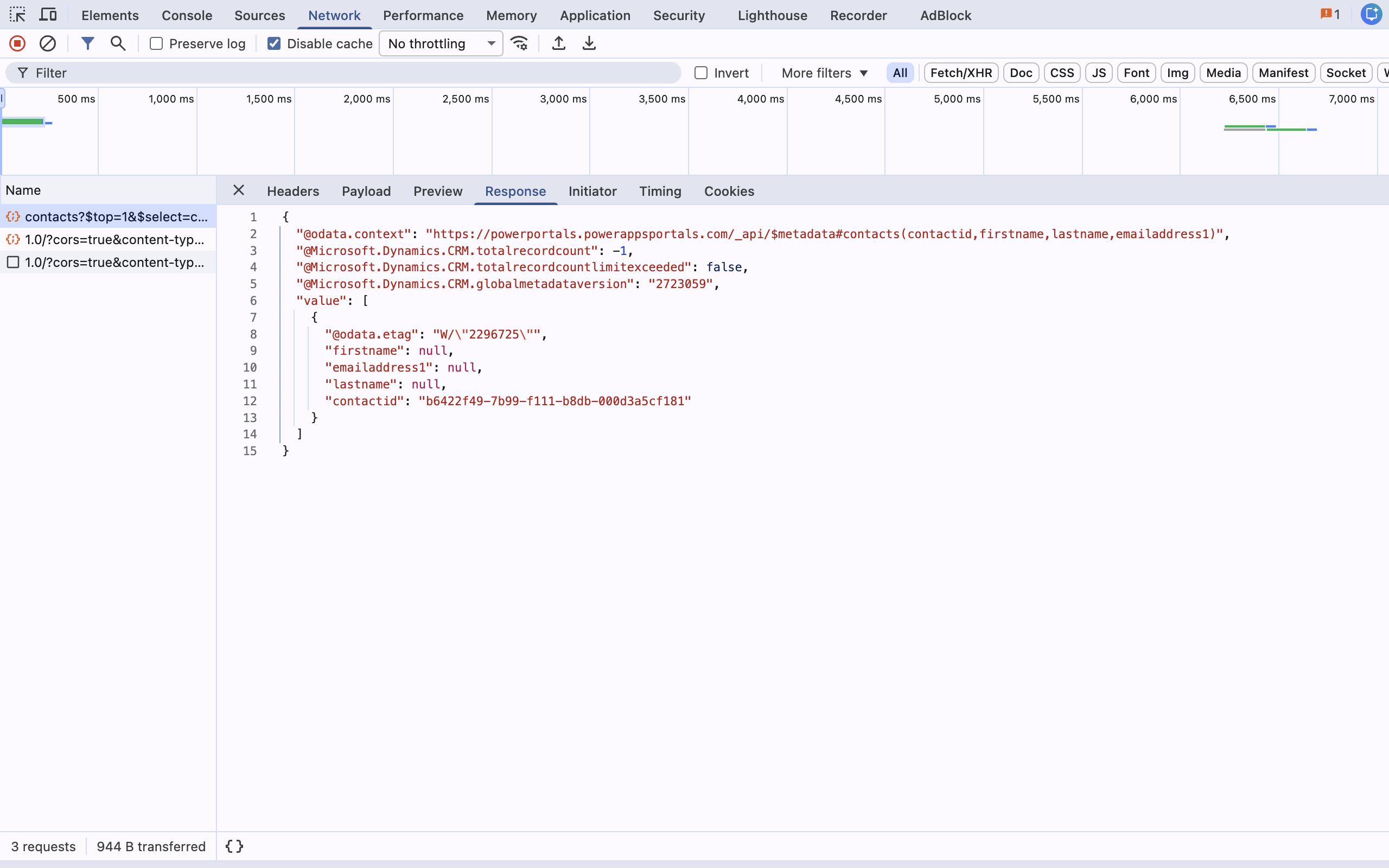 Erfolgreiche API-Antwort mit der expliziten Spaltenliste im Chrome-Network-Tab: Statuscode 200 mit fünf Feldern