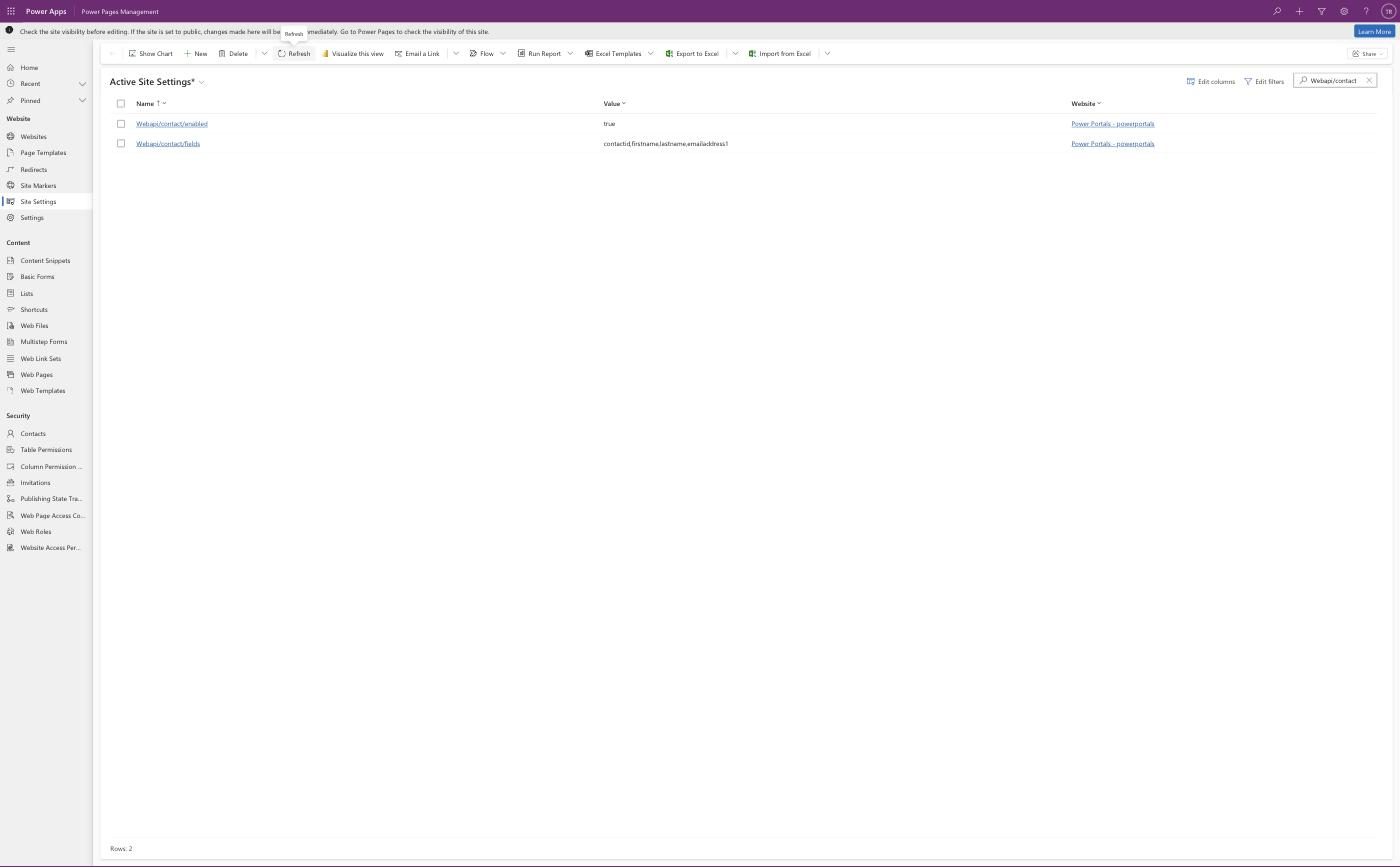 Site Setting nach der Umstellung auf die explizite Spaltenliste in der Portal Management App