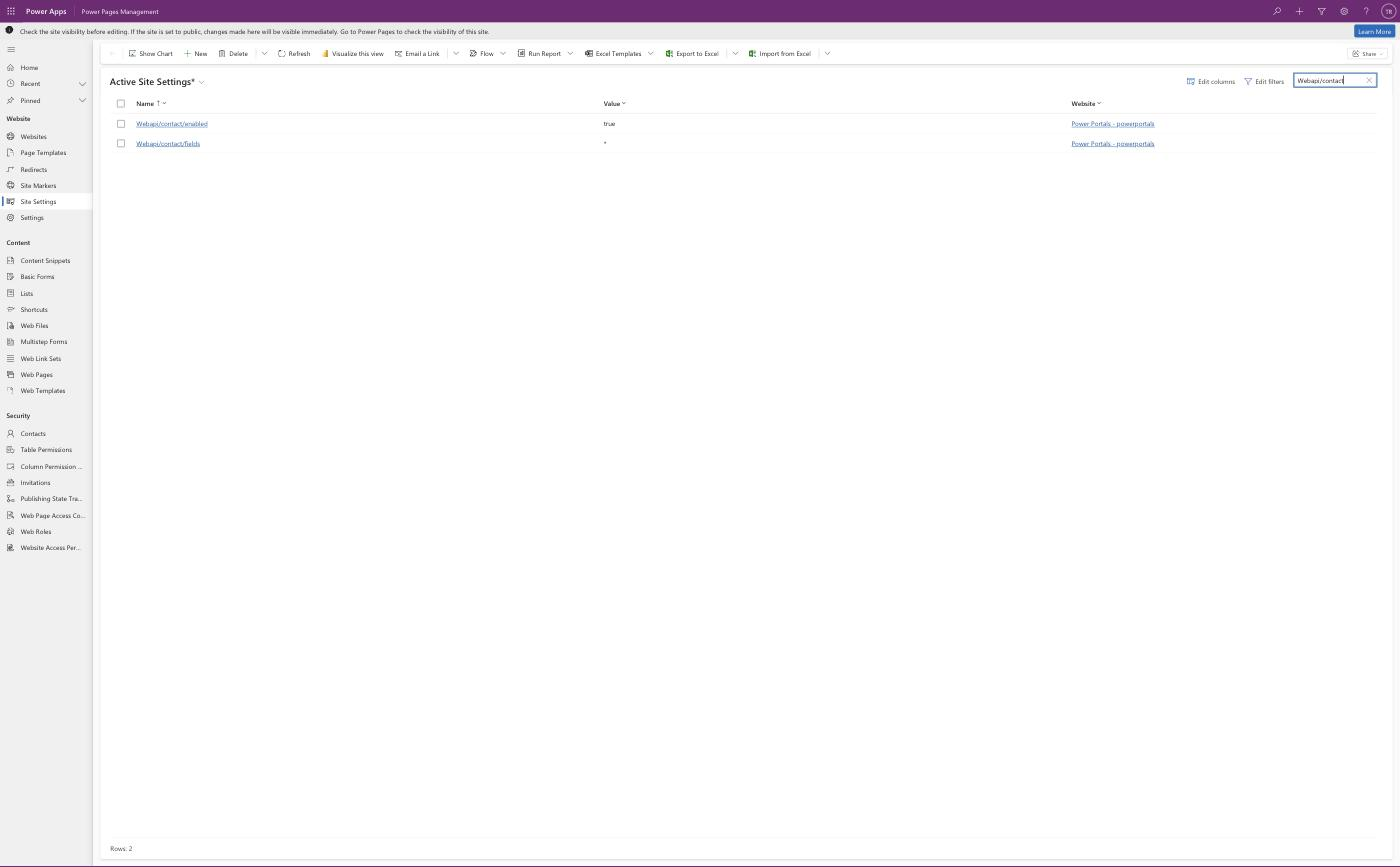 Site Settings der Demo-Website in der Portal Management App, gefiltert auf Webapi/contact, mit Wert Sternchen im fields-Setting